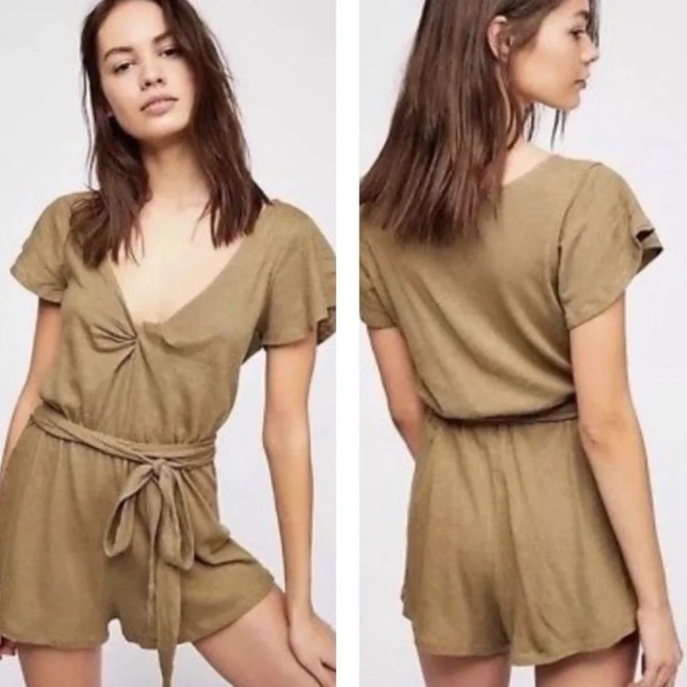 FREE PEOPLE Green Knit Wrap Belted Romper Playsuit